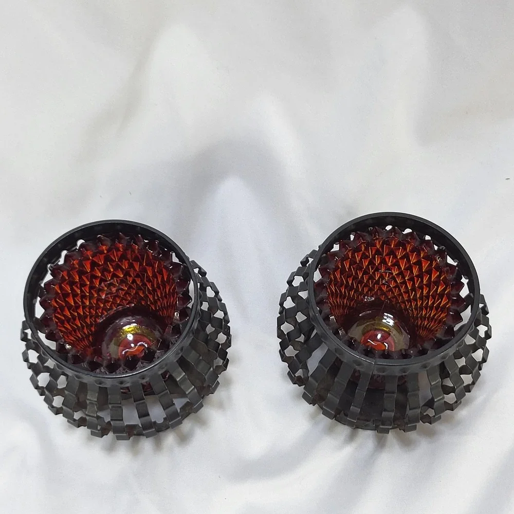 Vintage Ruby Red Diamond Point Glass Peg Votive Candle Holders Metal Cage Set 2